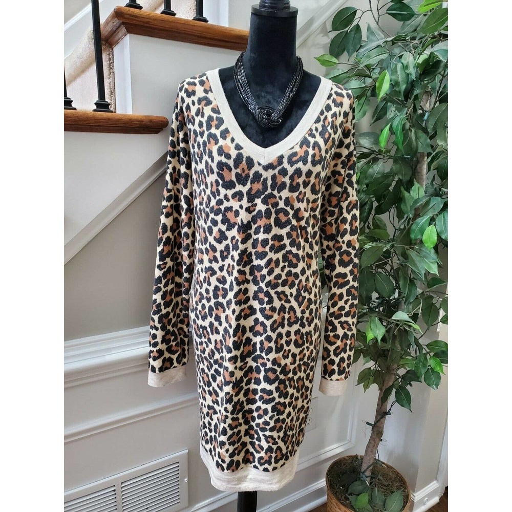 First Look Women's Leopard Print Pullover Long Sleeve V-Neck Sweater Size 2XL